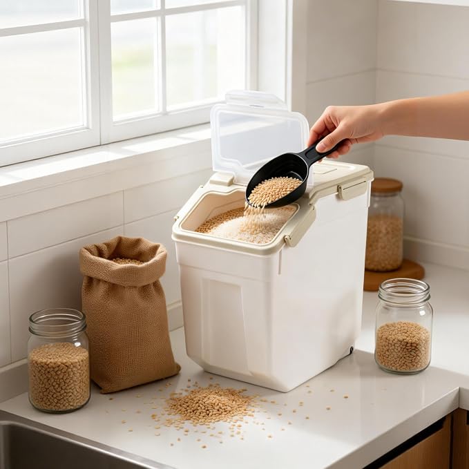 Large Flour Storage Container Bin 25lb, 2Pack Airtight Rice Storage Containers with Wheels Seal Locking Lid, BPA Free with Measuring Cup&Scoop for Flour, Rice, Grain(Gray)