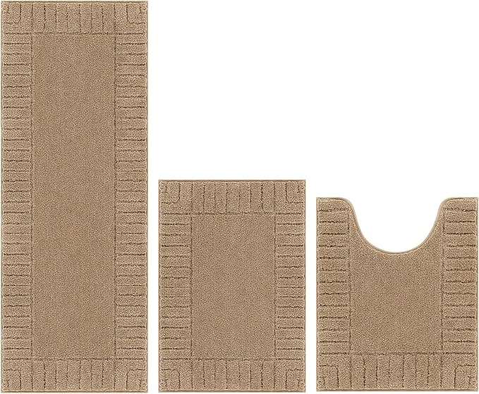 Pauwer Bathroom Rugs Sets 3 Piece, Microfiber Bath Mat Set, Khaki | Non Slip Washable, Soft Plush, Extra Absorbent Bath Mats, U Shaped Contour Toilet Rug for Bathroom