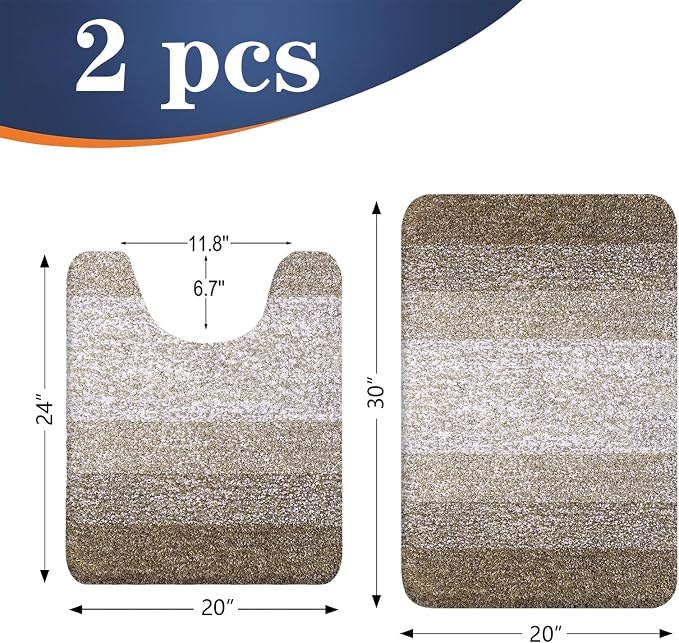 OLANLY Micorfiber Bathroom Rug Set 2 Piece, 30"x20"+U-Shaped 24"x20" | Coffe, Soft Absorbent Bath Mats and Contour Toilet Rug, Non-Slip, Machine Wash Dry, Plush Shaggy Bath Mats for Bathroom