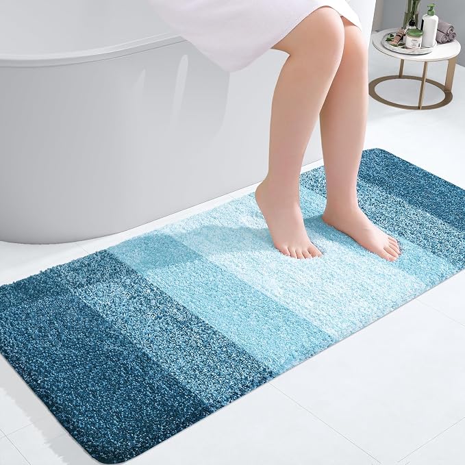 OLANLY Bathroom Runner Rug 47x20, Extra Soft Absorbent Microfiber Bath Rugs | Peacock Blue, Non-Slip Quick-Drying Rubber Backing, Washable Long Bath Mat for Floor, Tub and Shower, Home Decor