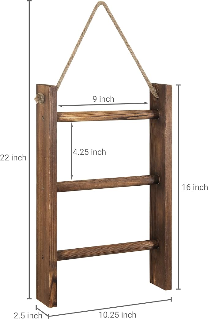 MyGift Rustic Dark Brown Wood Wall Hanging 3 Tier Hand Towel Ladder Rack, Bathroom Towel Storage Rack with Top Rope