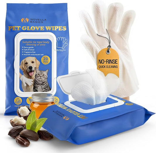 Pet Cleaning Glove Wipes for Dogs & Cats - Hypoallergenic Coconut Infused No-Rinse Dog Washing Gloves - Deodorizing Grooming Mitts - Puppy and Cat Cleaning Wipes - 20 Count