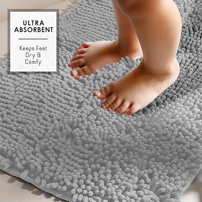 Hearth & Harbor Bathroom Rugs, Chenille Bath Mat - Machine Washable Bath Mats for Bathroom Non-Slip Backing Rubber, Quick Dry Mat - Silver Bath Rug, 17x24-20x32-20x24