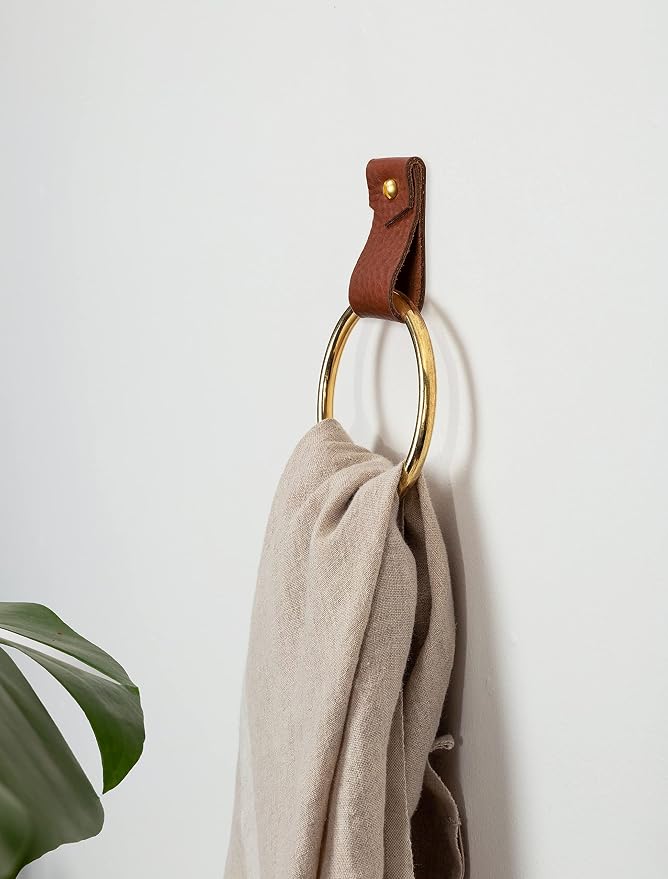 Small Leather Wall Hook, Black Towel Ring wall Hanging Strap Towel Hook for wall Leather Loop Strap Holder Minimal Towel bar Rack Storage Modern Bathroom Hand Towel Holder