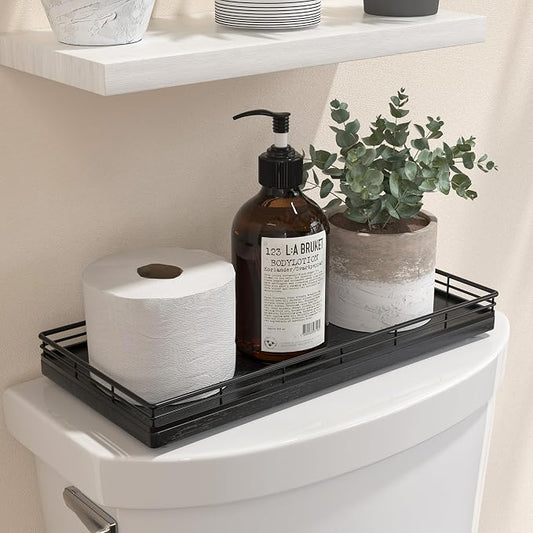 Oak Bathroom Toilet Tank Tray, 13" Wood Toilet Paper Storage Basket Back of Toilet Basket Organizer, Vanity Tray for Perfume Makeup Candle Kitchen Counter Coffee Table Black Tray Decor
