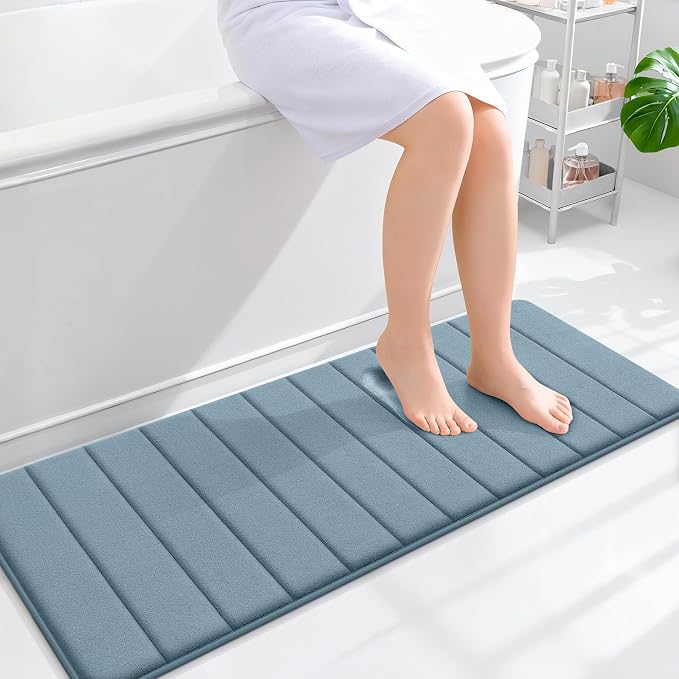 OLANLY Memory Foam Long Bathroom Rugs Runner 47x17, Super Soft Absorbent | Airy Blue, Quick Dry Bath Mat, Machine Washable Shower Floor Rugs, Bathmat Carpet for Bathroom Floor, Tub and Shower
