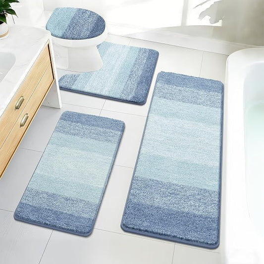 Bsmathom Bathroom Rug Set 4 Piece, Plush Microfiber Bath Mat, Dusty Blue | Extra Water Absorbent, Non Slip Washable Runner Bath Rugs with Toilet Lid Cover and U-shaped Contour Toilet Mat
