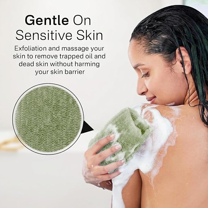 2PCS Exfoliating Washcloth Towel - Exfoliating Body Scrubber Exfoliator, Loofah Sponge Wash Cloth, Korean & Japanse & African Net Sponge Rag - Back Scrubber Washer (Olive Green+Grass Green)