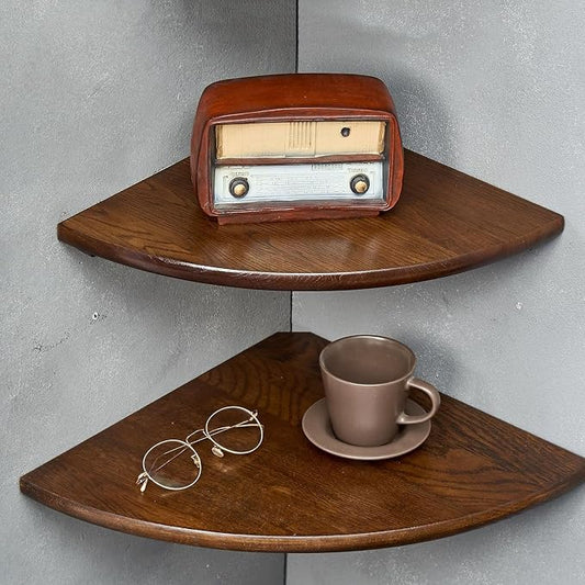 Corner Shelves, Floating Corner Shelf, Set of 2 12inch Solid Oak Wood Corner Wall Shelves, Round End with Wire Hole for Small Plant for Bedroom Kitchen, Living Room