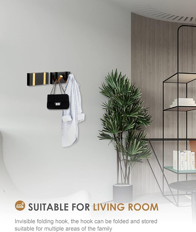 2 Pack，Waterproof Black Gold Wall Hooks，Foldable Towel Hooks for Bathrooms，Coat Hooks Wall Mounted，Free Perforated，Modern Coat Hooks，Bathroom Towel Hooks，Towel Door Hooks，Also for Balcony，Kitchen.