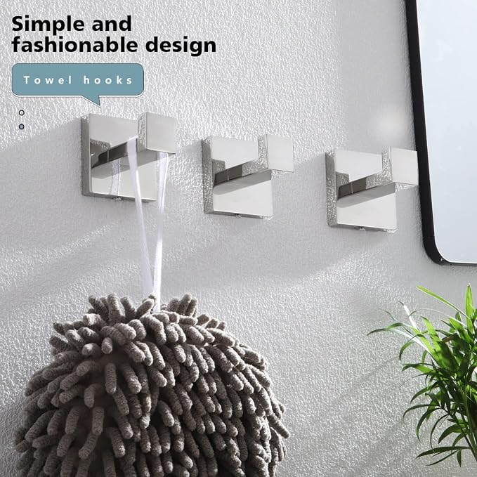 KOKOSIRI Bathoom Towel Hook Wall Mount Square Bath Robe Hook Coat Hook Kitchen Garage Heavy Duty SUS 304 Stainless Steel 3 Pack Polished Chrome B1010CH-P3
