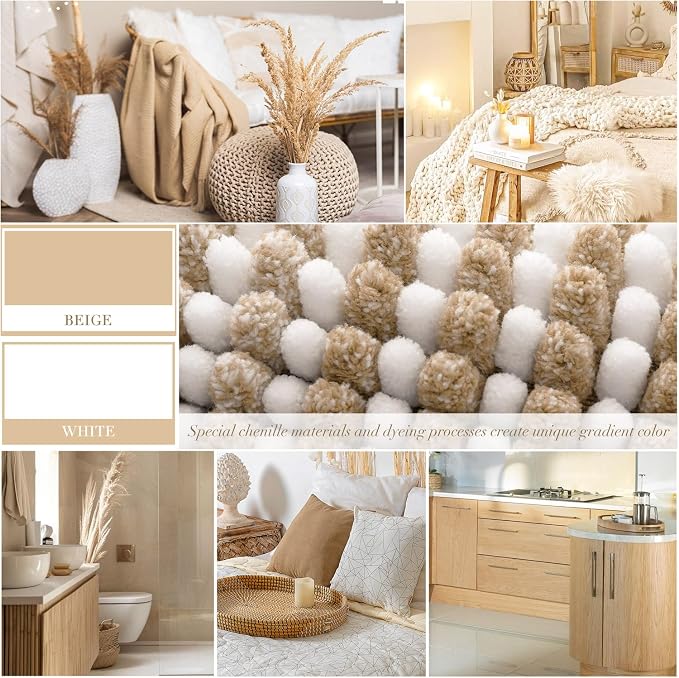 Bathroom Rugs Sets 2 Piece, Non Slip Boho Bath Mats, Beige | 24"x70" Plus 20"x32", Soft Absorbent Striped Chenille, Quick Dry Machine Washable, Shower Rug for Bathroom Bedroom Décor