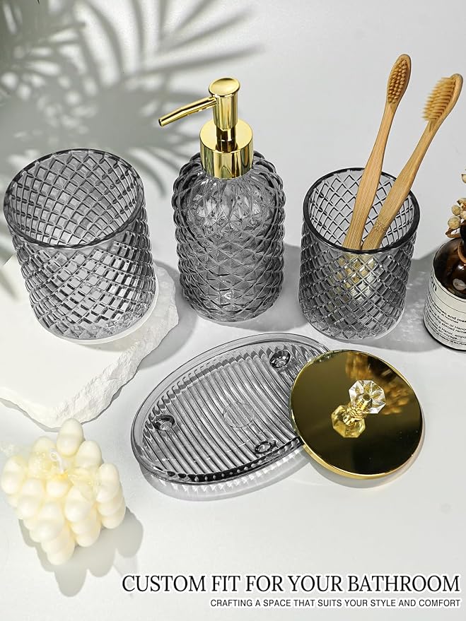 Haturi Glass Bathroom Accessories Set, Smoky Gray Bathroom Set, 4 Pcs | Kit w/ Bathroom Soap Dispenser Set, Toothbrush Holder, Qtip Holder, Vanity Tray, Gray Bathroom Decor, Gift for Home Apartment