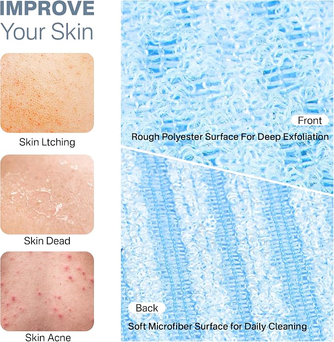 Dual-Textured Exfoliating Washcloth Towel - Back Scrubber for Use in Shower Bath, Exfoliating Body Scrubber Exfoliator, Japanese Exfoliate Loofah Lufa Sponge Wash Cloth for Women Men