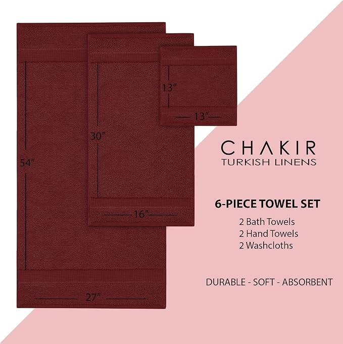 Chakir Turkish Linens 100% Cotton 6-Piece Towel Set, Cranberry | 100% cotton 6-pc set, OEKO-TEX certified: 2 bath 27x54, 2 hand 16x30, 2 washcloths 13x13