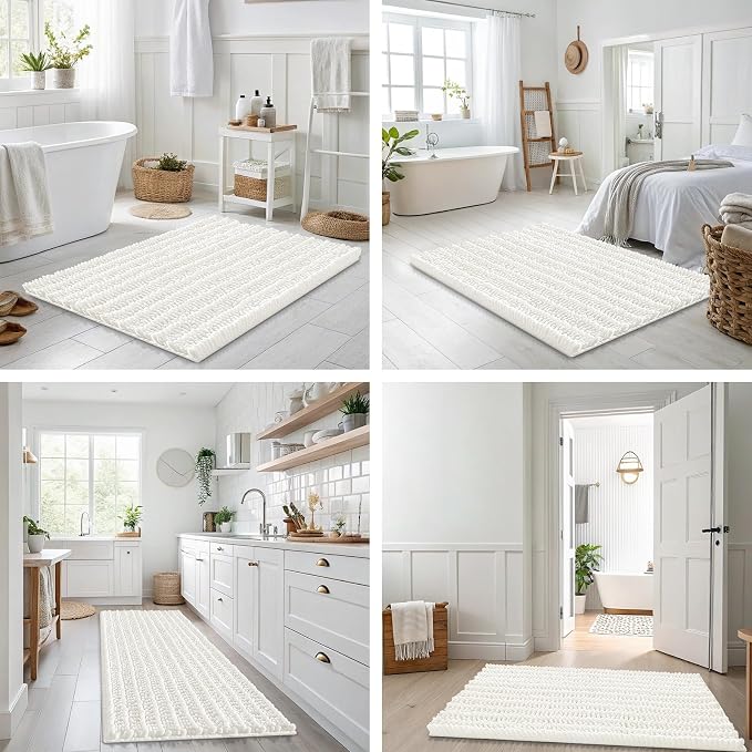 Smiry Bathroom Rugs 47X20, Extra Soft Rubber Backing Chenille Bath Mats | Ivory Machine Washable Non Slip Quick Dry Bath Mats for Bathroom Floor, Tub, Shower, Home Decor Accessories
