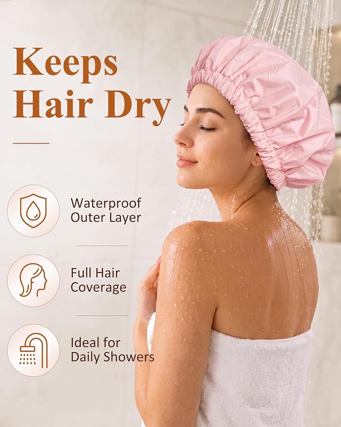 Edoneery Shower Caps for Women Reusable Waterproof, Shower Hair Cap | Washable Bonnet, Wide Elastic Band, Large Fit, Holds Long Hair, Braids Friendly, Bath Accessories, Spa, Travel