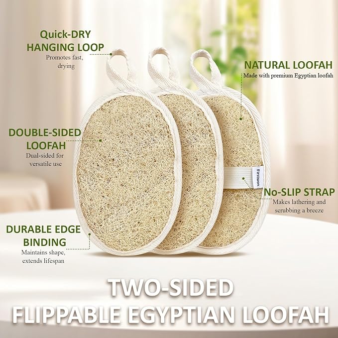 Premium Egyptian Natural Loofah Sponge 100% Plant-Based Exfoliating Body Scrubber Dye-Free Biodegradable Shower Pouf Deep Cleansing for Body Back and Face, Women & Men (3 Pack)