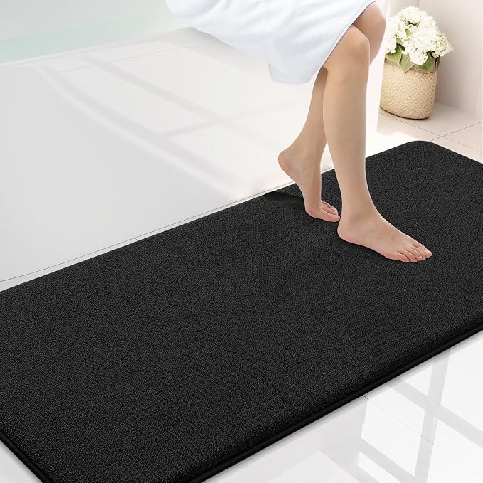 Smiry Memory Foam Bath Mat 59x24, Extra Soft Absorbent Bathroom Rugs | Black Quick Dry, Machine Washable Bath Mats for Bathroom, Shower, Tub and Home Decor Accessories