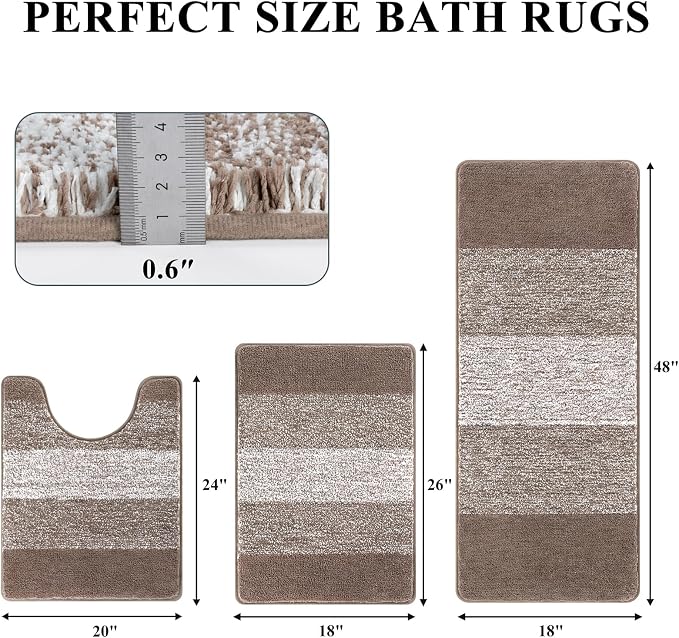 Pauwer 3 Piece Bathroom Rug Set, Microfiber Non Slip Bath Mats, Brown | Machine Washable, Quick Dry, Ultra Absorbent Floor Carpet, Plush Shower Rugs, U-Shaped Contour Toilet Mat