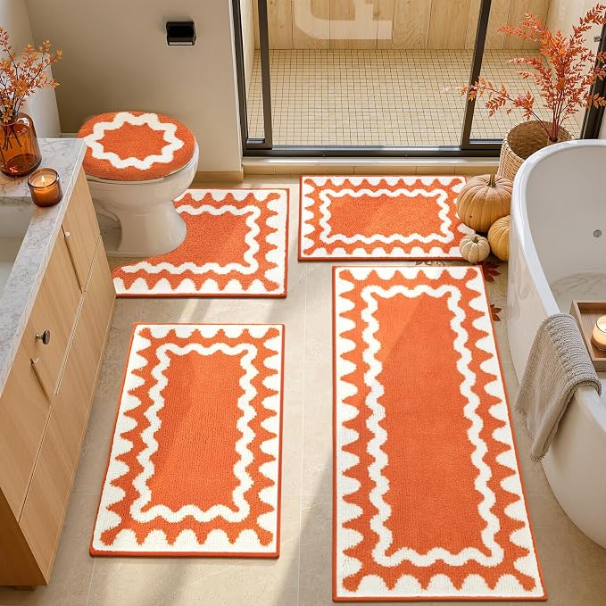 Findosom Fall Bathroom Rugs Sets 3 Piece, Absorbent Non-Slip Bath Rug Set | Washable Soft Microfiber Shaggy Scalloped Fall Bath Mat Set with Bathroom Runner Rug, U-Shaped Toilet Rugs, Shower Rug,Orange