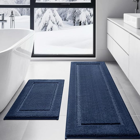 IM HOME Bathroom Rugs Sets 2 Pieces, Ultra Soft Thick Plush Fluffy Microfiber Absorbent Bath Mat, Non-Slip Backing, Machine Washable Rug for Bathroom, Tub and Shower (24"x17" + 48"x20", Navy Blue)