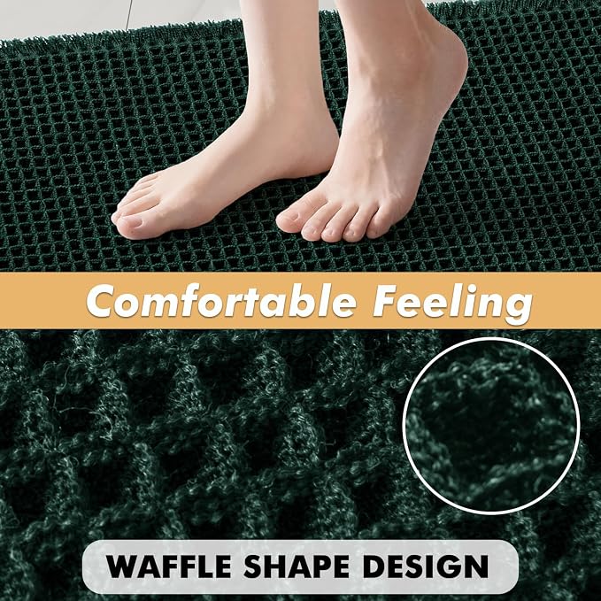 MIULEE Set of 2 Waffle Bathroom Rugs Boho Bath Mat Dark Green 17x24 Inch | Non Slip, Super Absorbent, Washable, Ultra Soft, Rubber Backed, Small Bath Rugs for Bathroom Floor Tub Shower