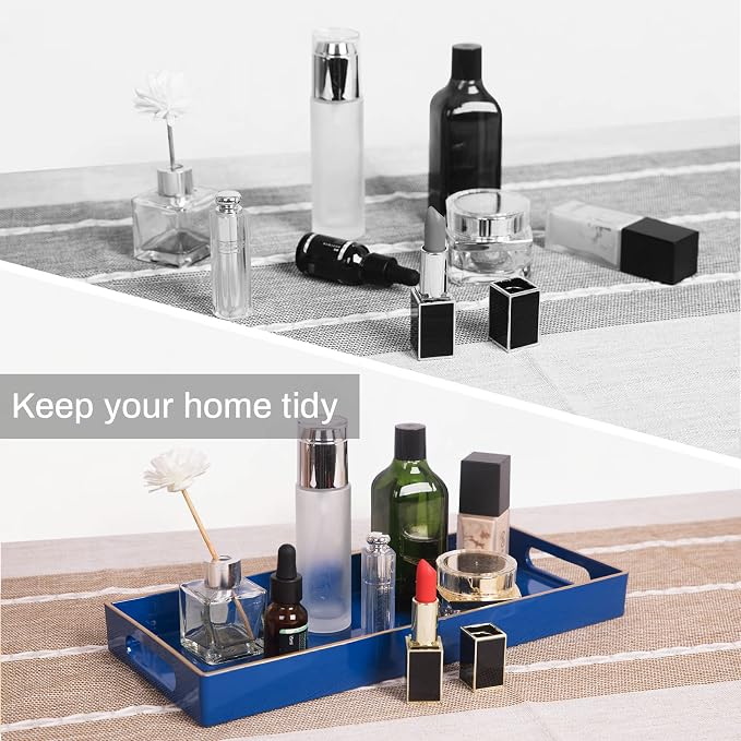 MAONAME Blue Bathroom Tray, Plastic Vanity Trays with Handles, Small Long Narrow Trays, Perfume Organizer Tray for Dresser, Bathroom Accessories, 13.8" x 6" x 1.58"