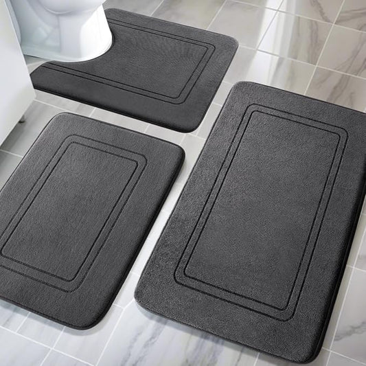YIHOUSE Memory Foam Bath Mat Set, Non Slip Bath Mats for Bathroom, Super Soft and Water Absorbent Bath Rug Set, Machine Washable U Shape Toilet Mats, Dark Grey