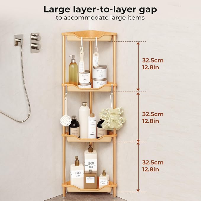Orimade Rustproof 4 Tier Floor Standing Corner Shower Caddy Organizer, Plastic Aluminum Splicing Floor Corner Shelf Rack Storage Stands for Bathroom, Wood Grain Surface