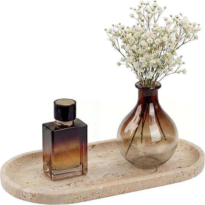 YKAJO Natural Travertine Beige Oval Marble Tray, 11.8x5.9 Vanity Organizer | Honed natural stone; jewelry & trinket dish, ring & key holder, soap & candle catchall; bath counter, dresser, coffee table