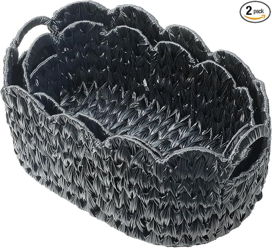 Coeusy Wicker Scalloped Basket Set of 2,Woven Storage Baskets for Shelves,Closet,Laundry,Gift,Towels,Books,Toys,Waterproof Decor Basket for Organizing,Black Oval