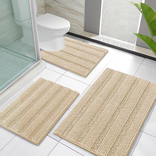 OLANLY Thick Chenille Bathroom Rugs Sets 3 Piece, 30"x20"+24"x16"+24"x20" | Beige, Absorbent Bath Mats and U-Shaped Contour Toilet Rug, Home Decor Accessories, Bath Mat Set for Bathroom