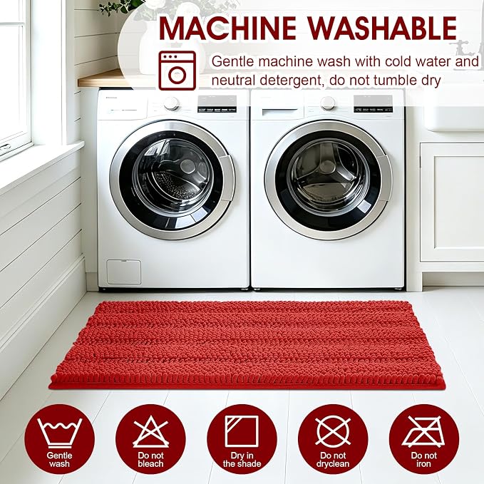 ACCUMTEK Christmas Striped Red Ultra Soft Bathroom Rugs and Mats Set 3 Pieces Bath Mat Set, Thick Chenille Bath Rugs Non Slip Bath Mats for Bathroom, Kitchen, Burgundy