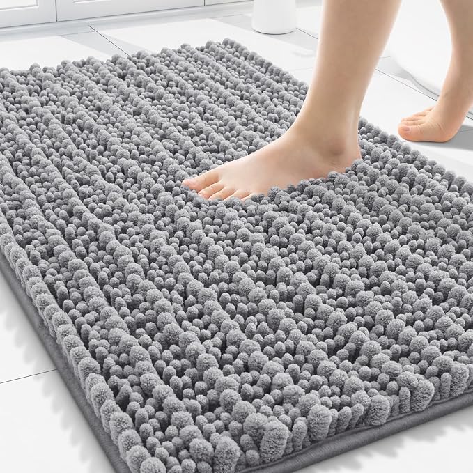 Smiry Bathroom Rugs 30X20, Extra Soft Rubber Backing Chenille Bath Mats | Grey Machine Washable Non Slip Quick Dry Bath Mats for Bathroom Floor, Tub, Shower, Home Decor Accessories