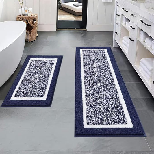 Pauwer Bathroom Rugs Sets 2 Piece, Non Slip Washable Bath Mat, Navy | Soft Plush Microfiber, Super Absorbent Floor Carpet, Quick Dry, Shaggy Shower Rug Runner