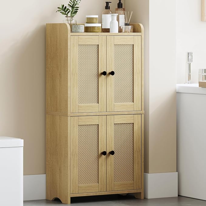 HEXCELEN Small Storage Cabinet, Bathroom Storage Cabinet with 4 Doors, Floor Bathroom Organizer Freestanding for Small Spaces, Living Room, Kitchen, Entryway (Streamlined American, Yellow)