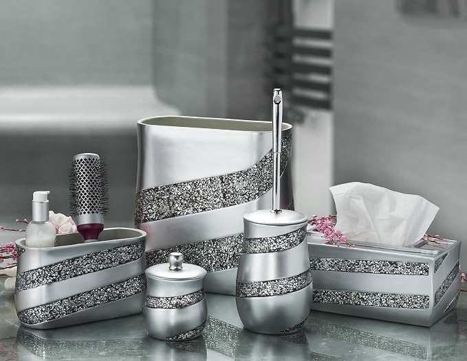 Creative Scents Silver Mosaic Qtip Holder for Bathroom - Decorative Cotton Ball Holder Jar - Durable Resin cotton Swab dispenser - Bathroom Accessories Vanity storage