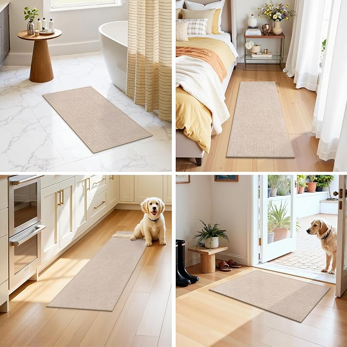Pauwer Bathroom Rugs Sets 3 Piece, Ultra Thin Bath Mat Set, Beige | Non Slip Washable, Quick Dry, Super Absorbent, U-shaped Contour Toilet Rug, Low Pile, For Floor Sink Shower Room