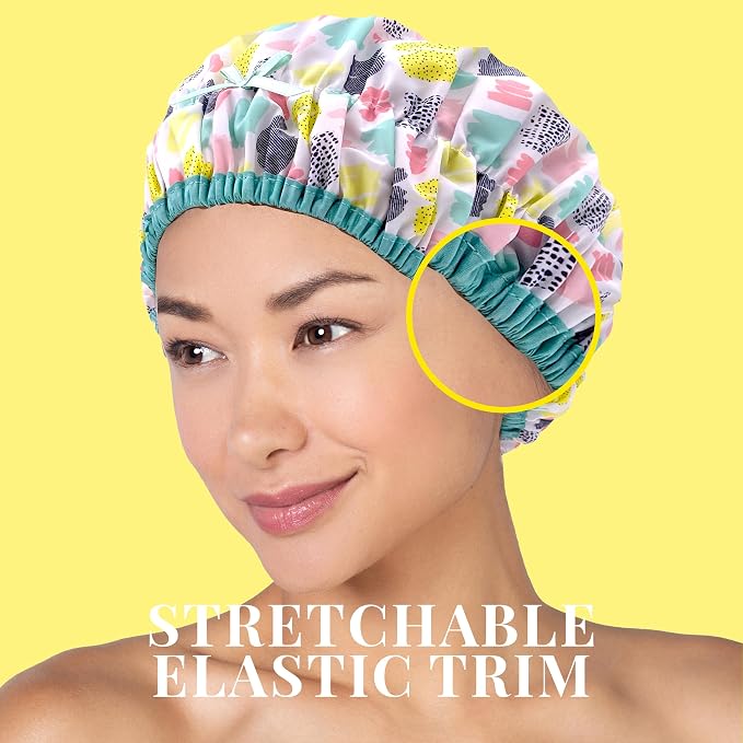 Betty Dain Fashionista Reusable Shower Cap, Living Color | Oversized Waterproof PEVA Lined Bath Cap for All Hair Lengths, Elastic Stretch Hem Hair Hat