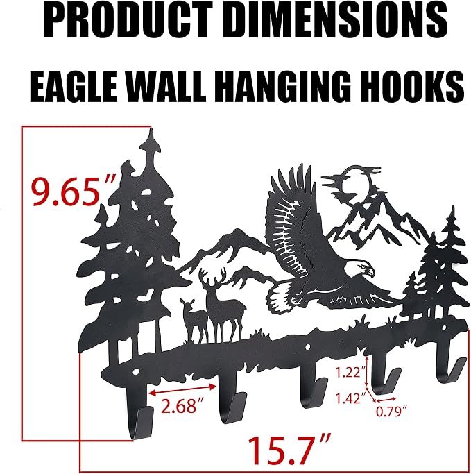 Metal Eagle Hooks Wall Art Decor-Eagle Hangers and Key Holder-Animal Theme Hooks Sweet Home Decor for Storage, Living Room, Hallway, Office (Black)