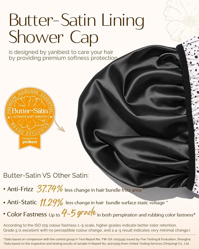 Yanibest Frizz Free Satin Lined Shower Cap with Soft Elastic Band | Frizz Free & Large Durable Bath Cap with Soft Elastic Band, Luxury Hair Protection Caps, Nylon Shower Hair Cap