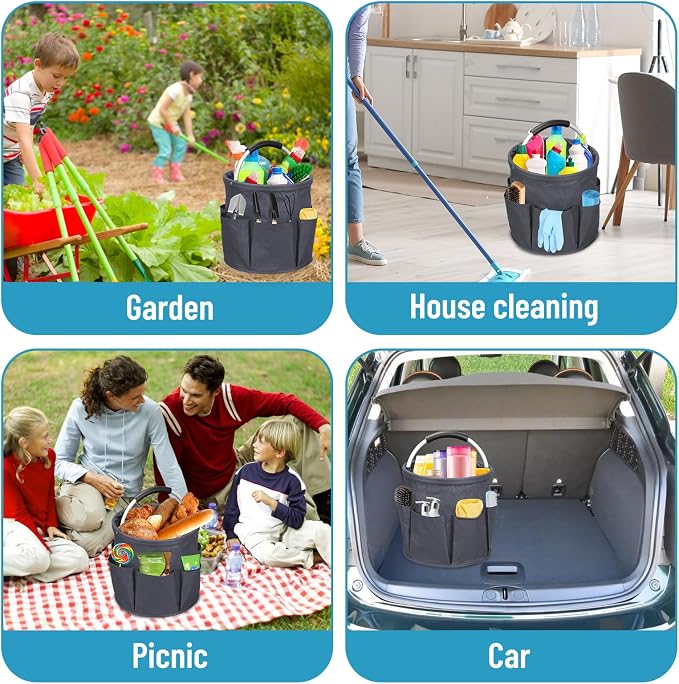 17L Portable Cleaning Bucket Organiser, 6 Pockets Foldable Cleaning Caddy with Handle Wearable Cleaning Caddy Bag for Outdoor Camping Garden Harvest Basket Home Bathroom Storage (Dark Gray)