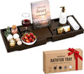 Bambüsi Bathtub Tray for Tub - Brown Bamboo Bath Tray, Expandable Wooden Bath Caddy Tray with Wine Holder, Book and Tablet Stand, Bathroom Accessories, Tub Table, Spa Bath Gifts for Women and Couples
