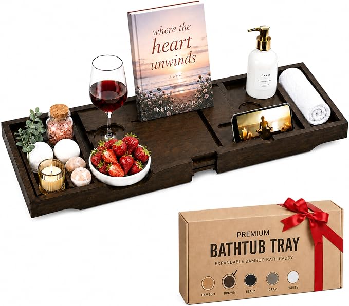 Bambüsi Bathtub Tray for Tub - Brown Bamboo Bath Tray, Expandable Wooden Bath Caddy Tray with Wine Holder, Book and Tablet Stand, Bathroom Accessories, Tub Table, Spa Bath Gifts for Women and Couples