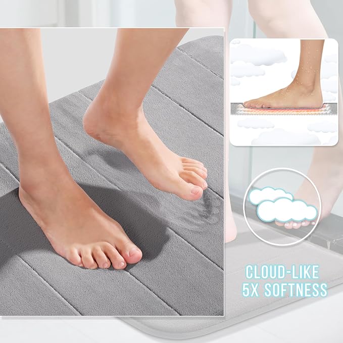 Yimobra U-Shaped Toilet Bath Mat Set 2 Piece - Super Soft Absorbent Quick Dry Memory Foam Bathroom Rugs, Machine Washable Non Slip Floor Carpet for Tub Shower & Single Sink (17x24 & 24x20, Gray)