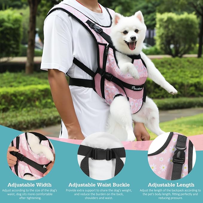 Pawaboo Pet Front Carrier Backpacks for Small Medium Dogs | Legs Out Easy-fit,Adjustable Straps,Hands-free,for Travel Hiking Cycling Camping Pink Daisy M