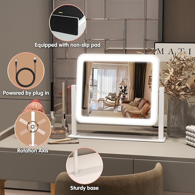 FENNIO Vanity Mirror with Lights 14"×12" Makeup Mirror with Lights,Lighted Vanity Mirror Tabletop,Smart Touch with 3-Color Lighting,Dimmable,for Vanity Desk Tabletop (Pack of 2)