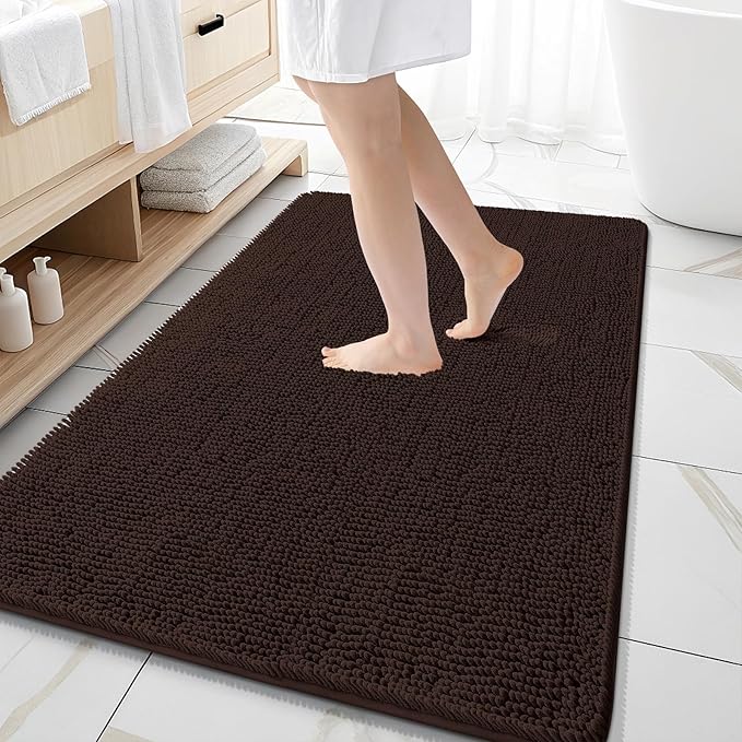 OLANLY Large Bathroom Rugs 59x35, Extra Soft Absorbent Chenille Bath Rugs | Brown, Quick-Drying Rubber Backing, Machine Washable Bath Mat for Bathroom Floor, Tub and Shower, Home Decor Accessories