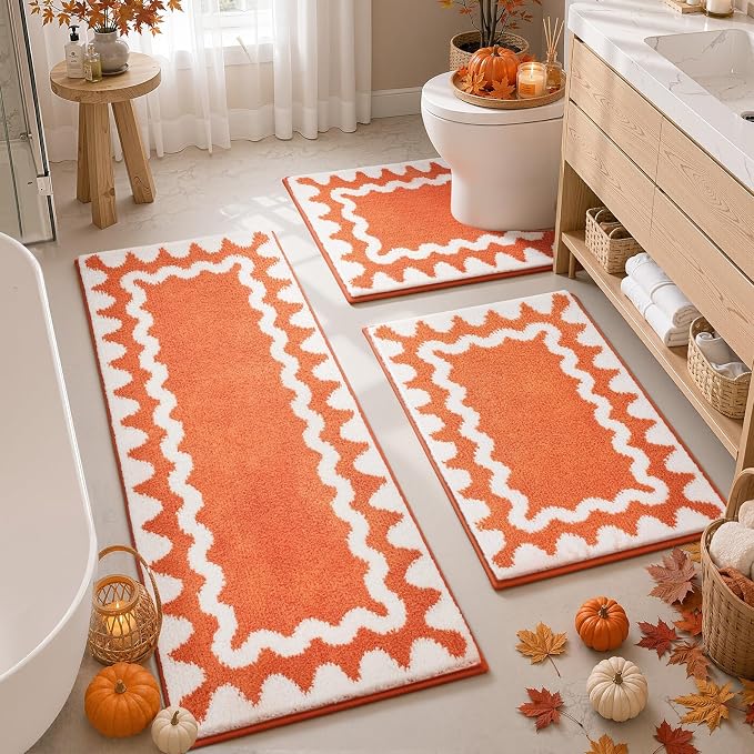Findosom Fall Bathroom Rugs Sets 3 Piece, Absorbent Non-Slip Bath Rug Set | Washable Soft Microfiber Shaggy Scalloped Fall Bath Mat Set with Bathroom Runner Rug, U-Shaped Toilet Rugs, Shower Rug,Orange